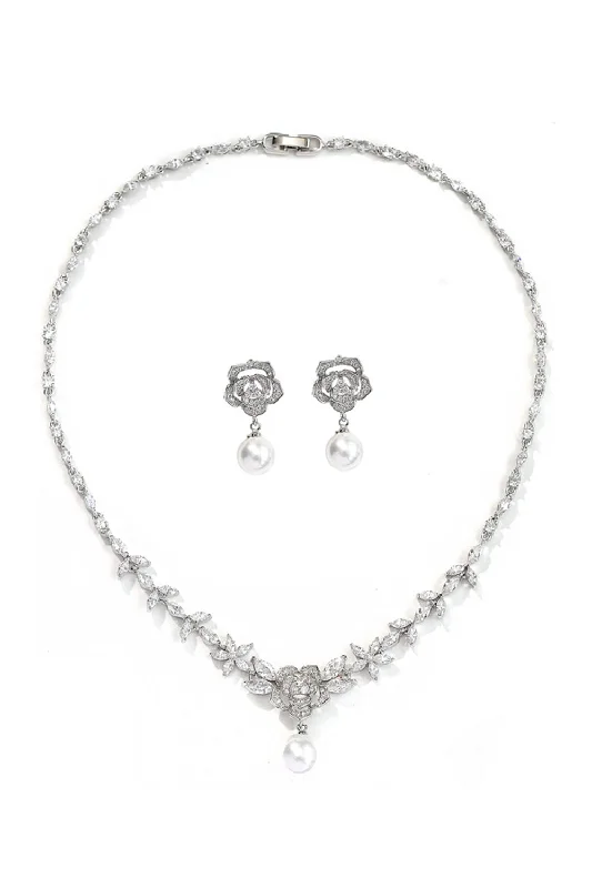 Alloy Zircon Pearl Necklace Earrings Jewelry CY0093