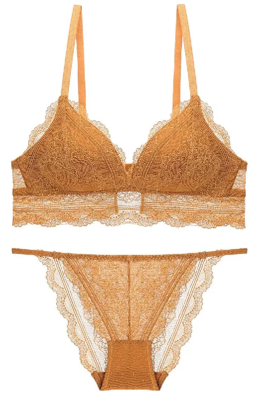 Vintage Triangle Burnt Yellow Lace Lingerie Set