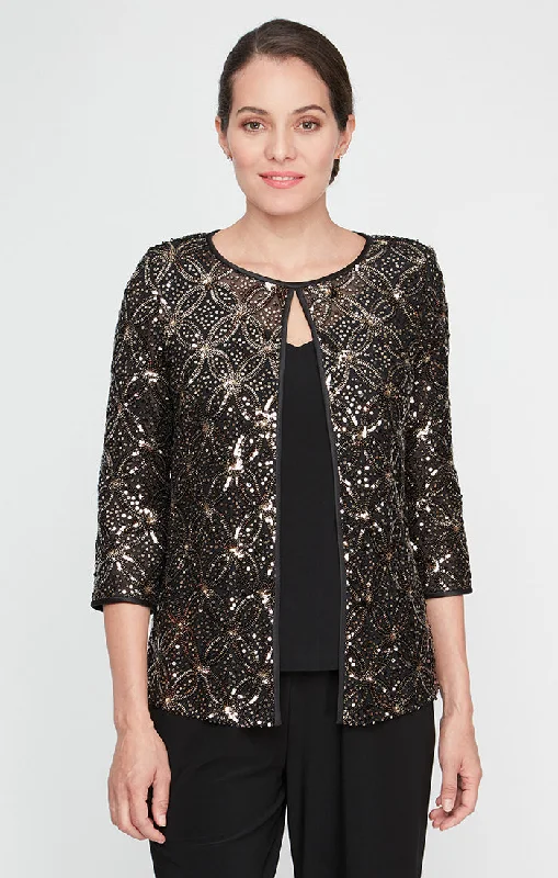 3/4 Sleeve Sequin Mock Twinset with Attached Hook Neck Jacket