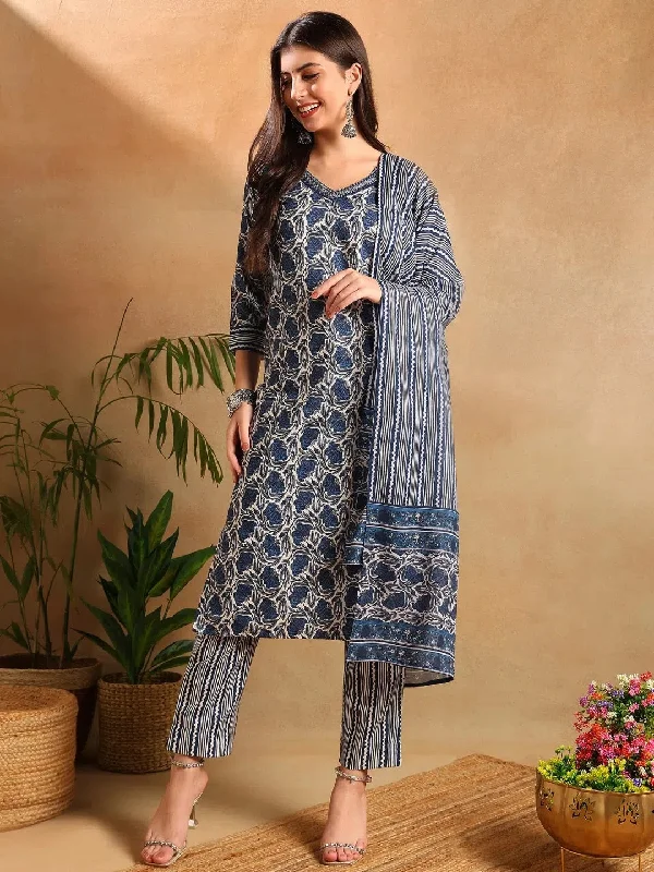 Ahika Women Blue Poly Rayon Floral Printed Straight Kurta Trousers With Dupatta-PKSKD2565WHT