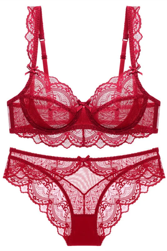 Free Shipping Illusion Red Lace Lingerie Set