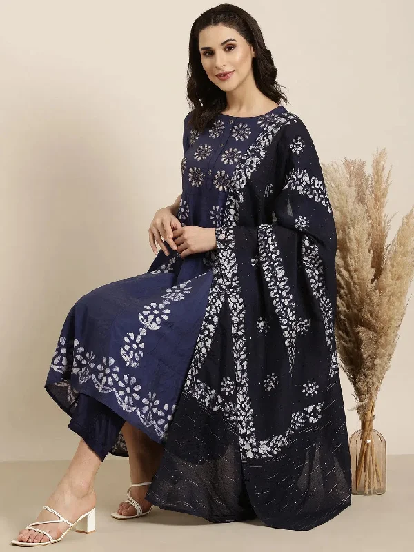 Women Anarkali Navy Blue Ethnic Motifs Kurta and Trousers Set Comes With Dupatta-GW-3378-Navyblue