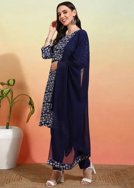 Navyaa Women's Crepe Printed Straight Kurta Pant With Dupatta-Me105_nvyblu-crp_kpd