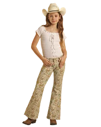 Rock & Roll Cowgirl Girls Beige Floral Denim Flares