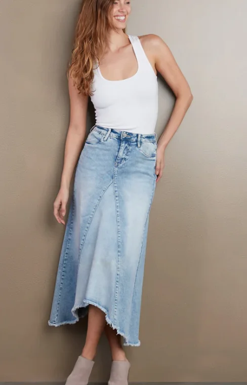 Selma Pieced Powder Blue Denim Maxi Skirt