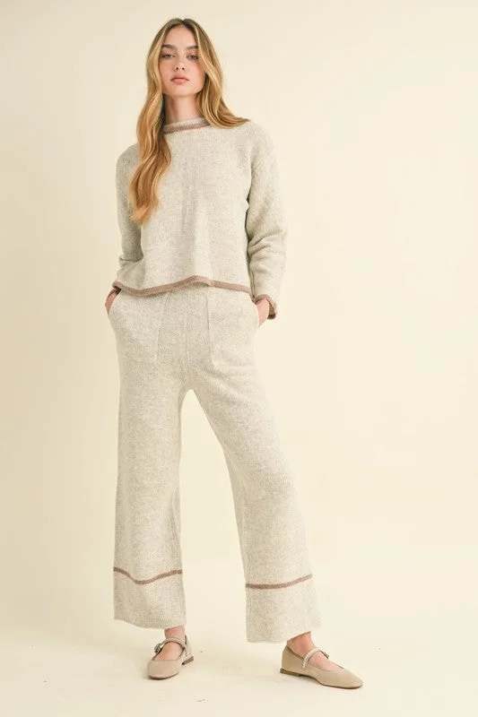 Ciara Long Sleeve Open Back Sweater Top And Pants Set Grey