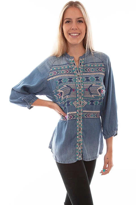 Women's Honey Creek Collection Blouse: Aztec Embroidered Denim