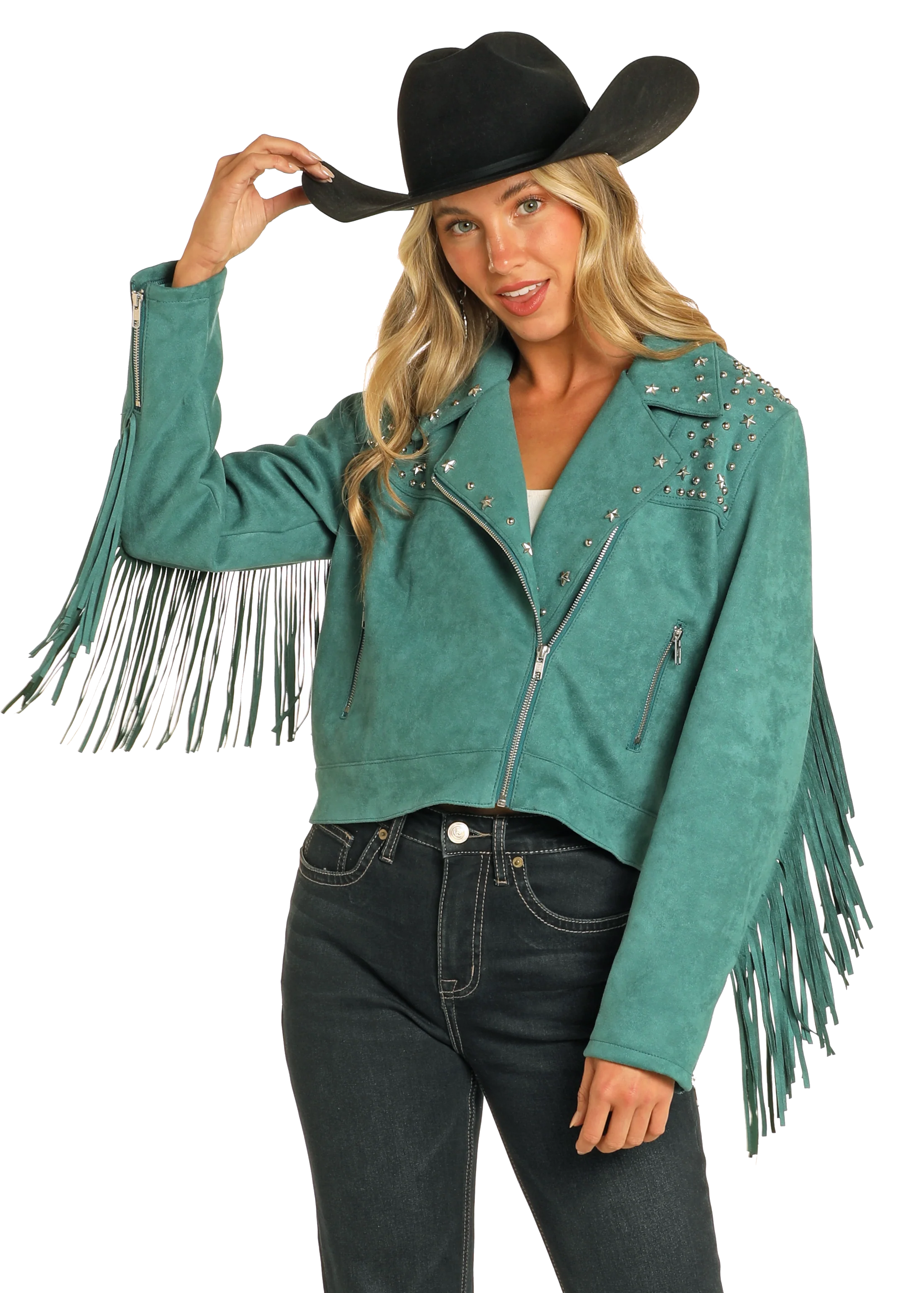 Rock&roll Womens Suede Fringe MOTO JACKET Green