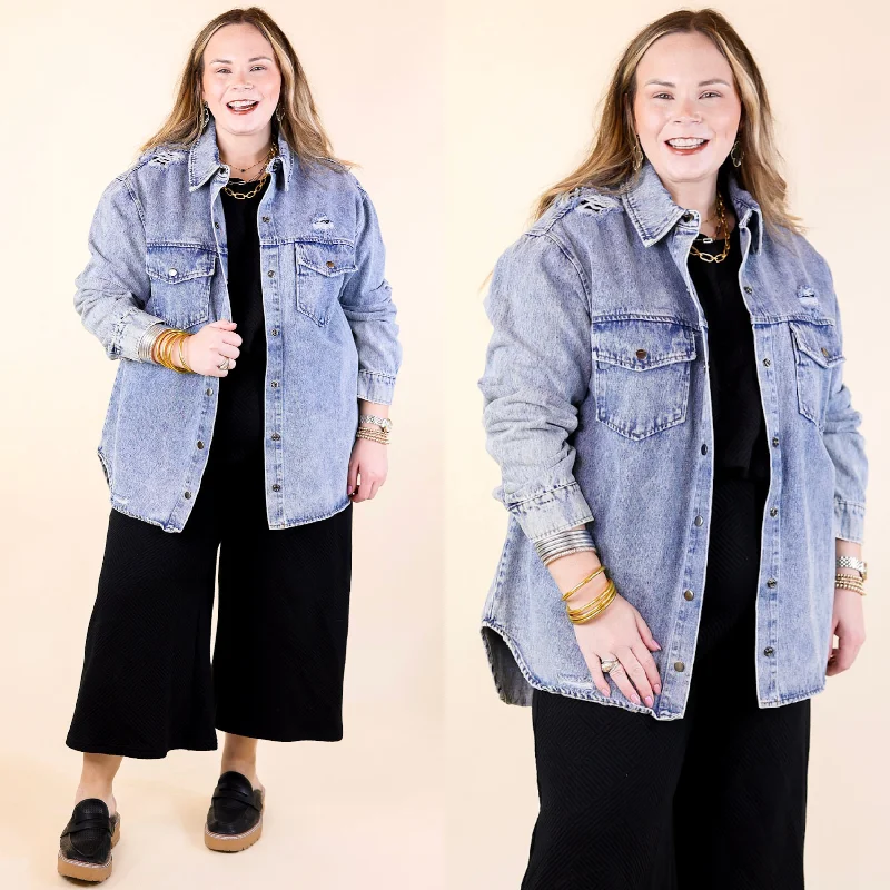 Wish and Wander Distressed Denim Button Up Shacket in Light Wash