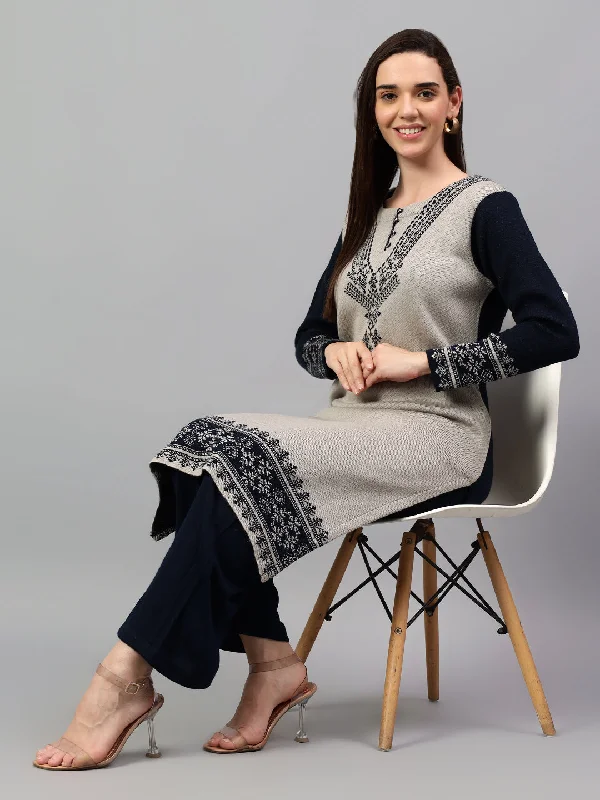 Women's Navy Blue Printed Round Neck Kurta Palazzo Set For Winter