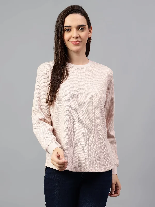 Women's Pink Self Design Round Neck Winter T-shirt