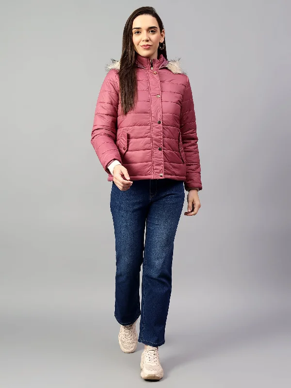 Women's Pink Solid Full Sleeves Winter Jacket