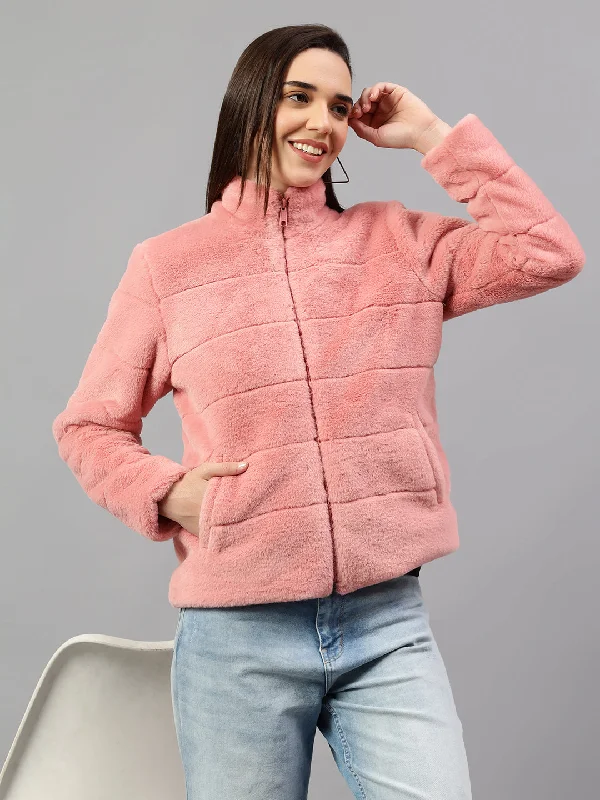 Women's Pink Solid Full Sleeves Winter Jacket