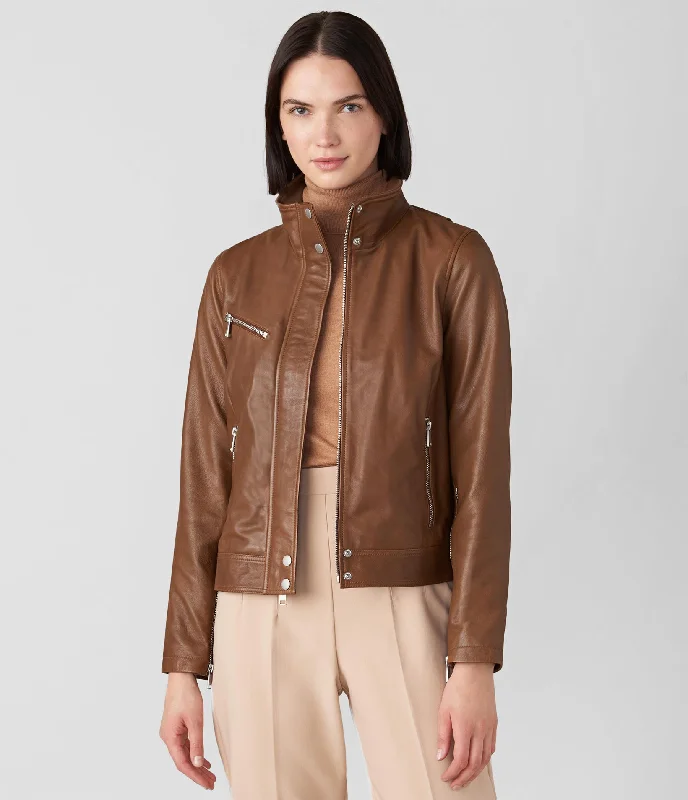 Olivia Genuine Leather Jacket With Stand Collar