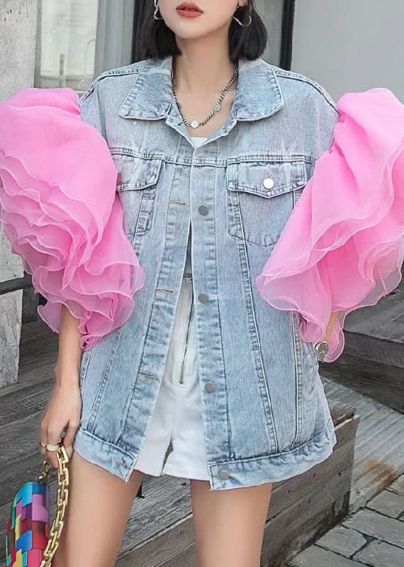 Bohemian Light Blue Tulle Ruffled Patchwork Denim Top Summer