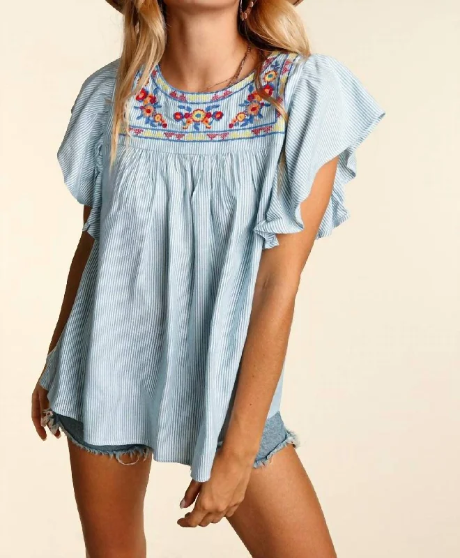 Denim Floral Embroidered Stripe Top