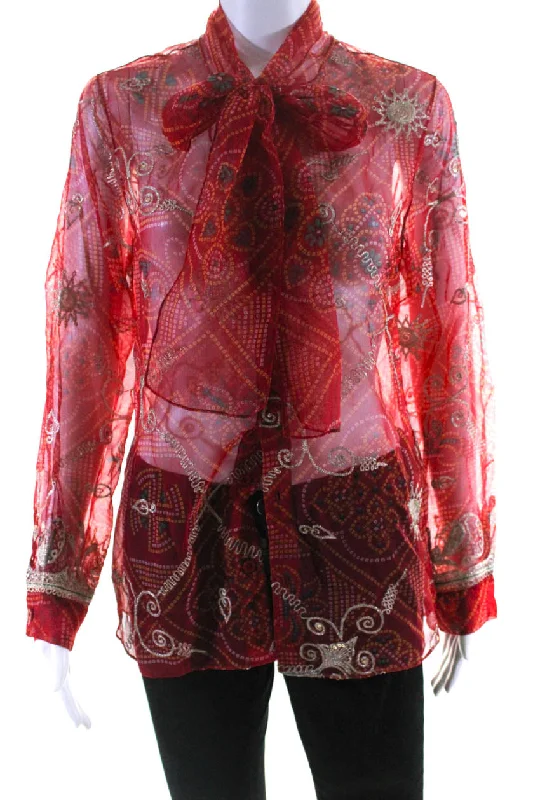 Ashish Womens Salvaged Sari Pussycat Bow Georgette Shirt Blouse Red