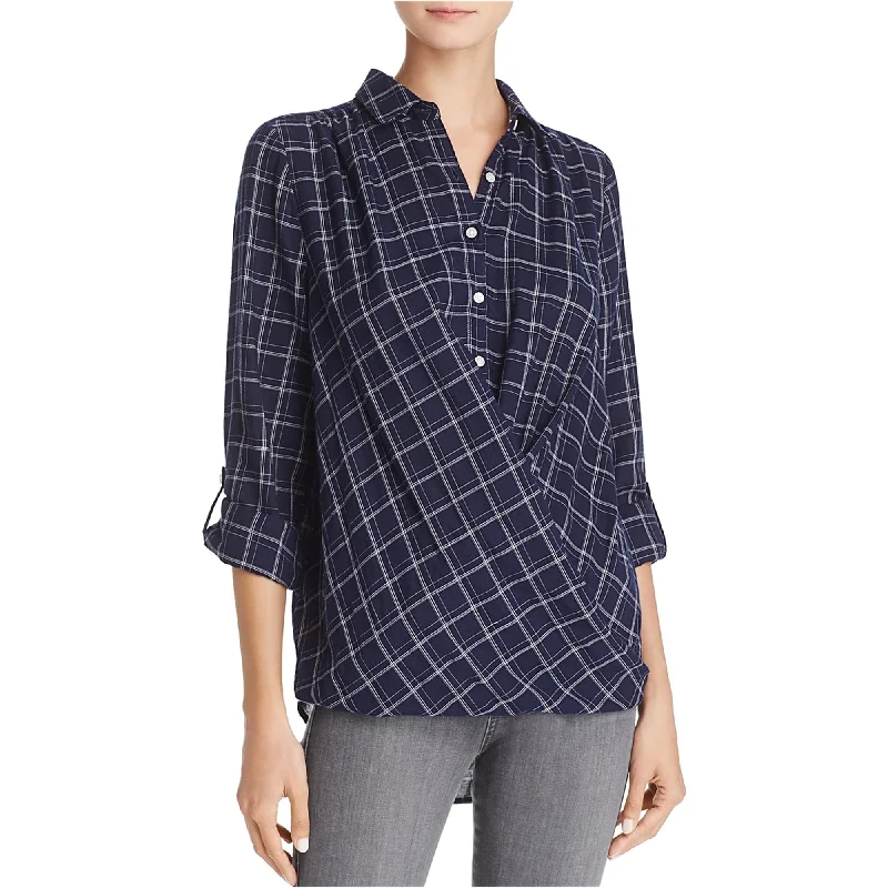 Birds Of Paradis Womens Plaid Criss Cross Button Up Shirt, Blue, Small