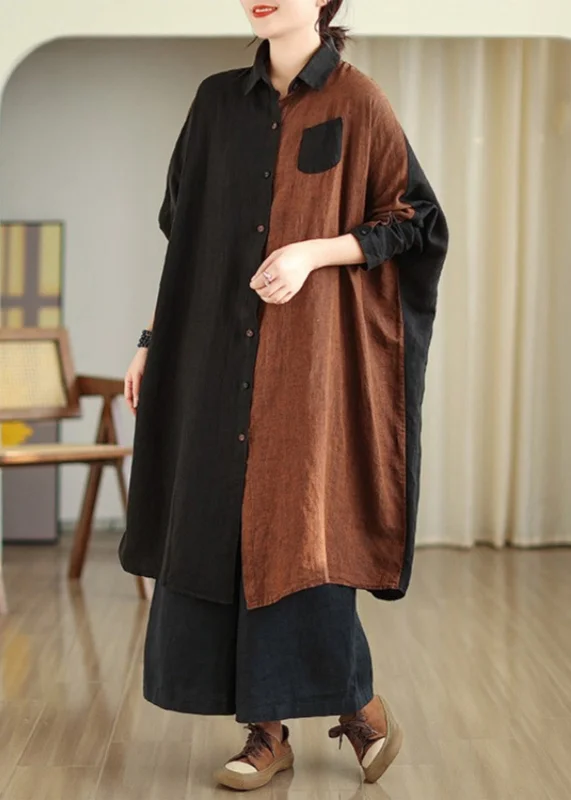 Casual Stand Collar Patchwork Button Long Shirts Long Sleeve