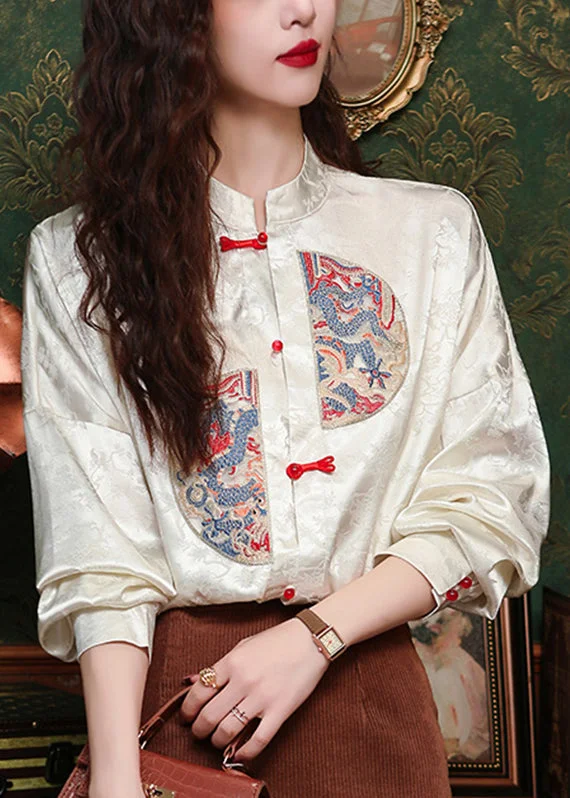 Chinese Style Apricot Stand Collar Embroidered Silk Shirt Long Sleeve