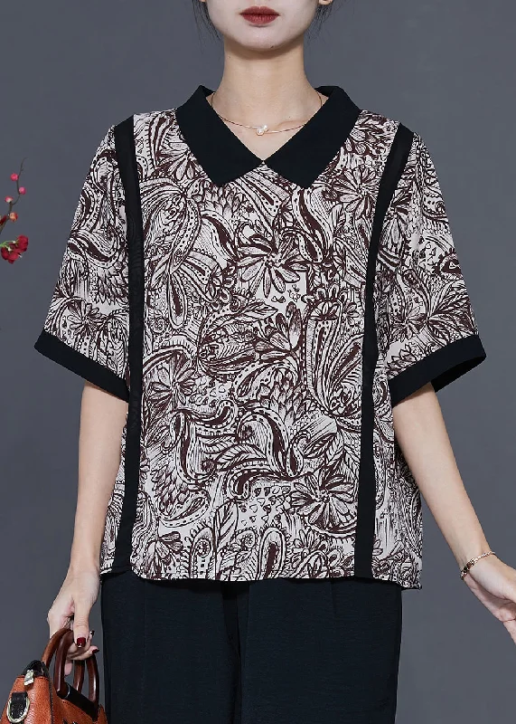 Classy Black Peter Pan Collar Print Chiffon Shirt Top Summer