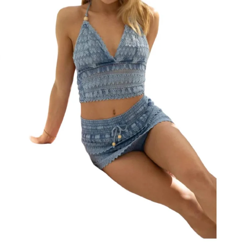 Cosmic Crochet Halter Top In Denim Blue