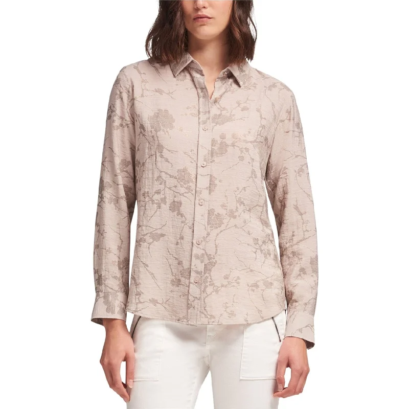 DKNY Womens Metallic Floral Button Up Shirt, Beige, Large