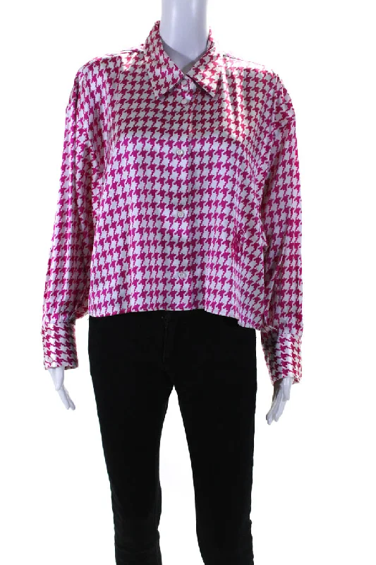 dMn Womens Satin Houndstooth Button Up Shirt Blouse Pink White Silk