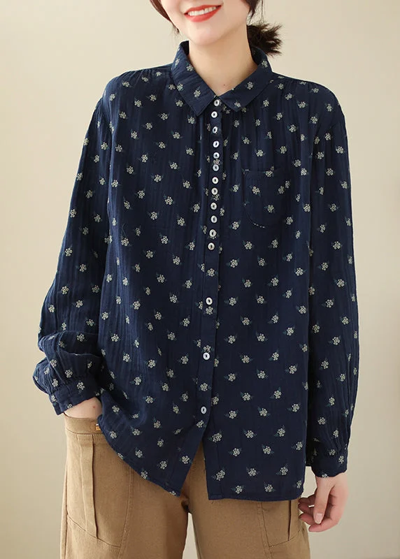 Elegant Navy Button Print Cotton Shirts Long Sleeve