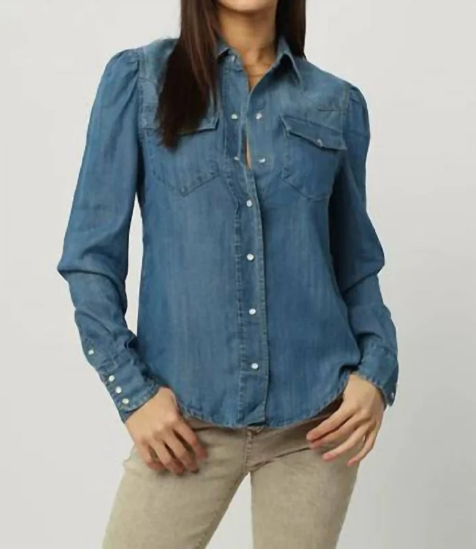 Essie Puff Shoulder Denim Top In Blue