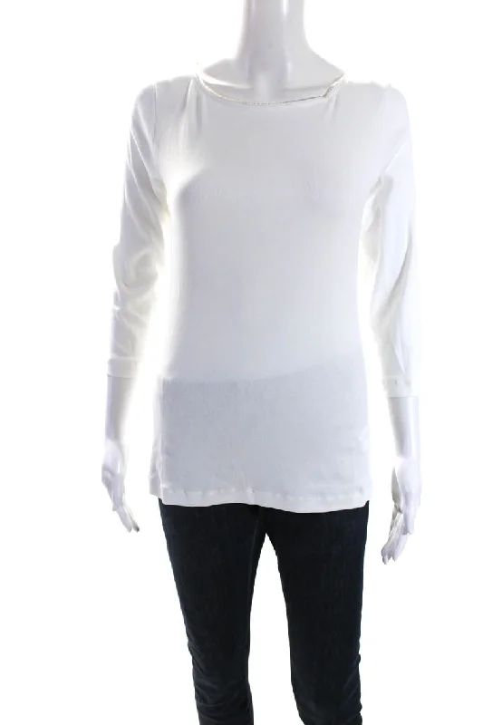 Fabiana Filippi Womens Beaded Boat Neck 3/4 Sleeve Top Tee Shirt White