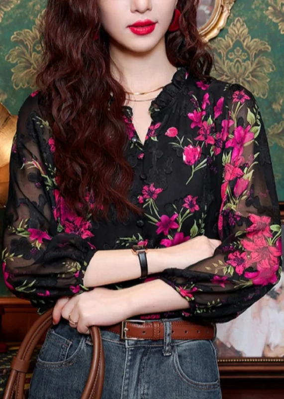 Fashion Black Ruffled Print Button Chiffon Shirt Long Sleeve