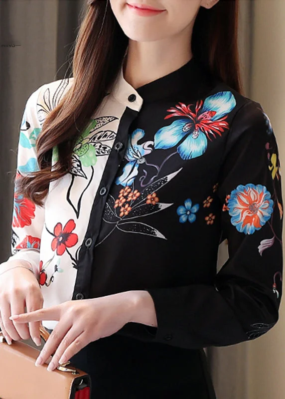 Fashion Colorblock Stand Collar Print Button Chiffon Shirts Long Sleeve