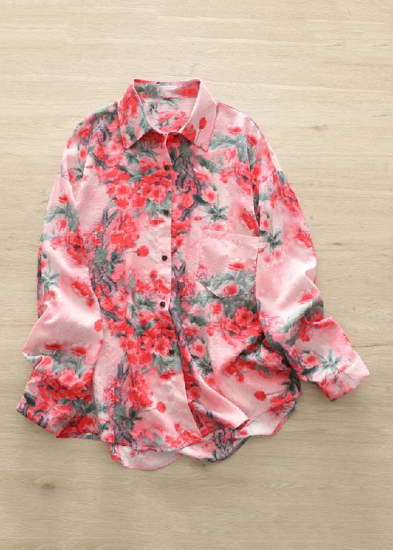 Fashion Red Peter Pan Collar Print Button Shirts Long Sleeve