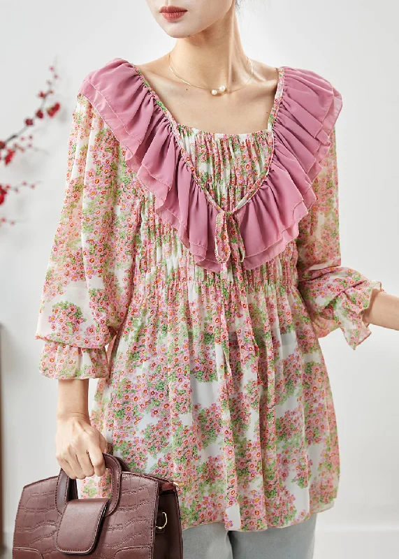 French Pink Ruffled Print Chiffon Shirt Top Spring