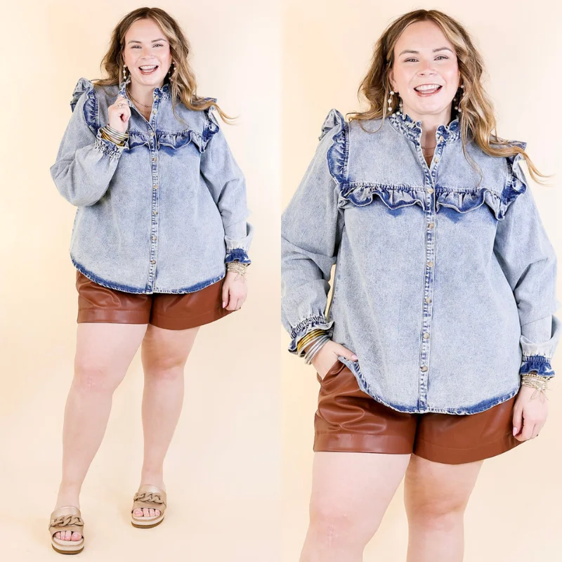 Full of Affection Ruffle Detail Button Up Long Sleeve Denim Top in Light Wash