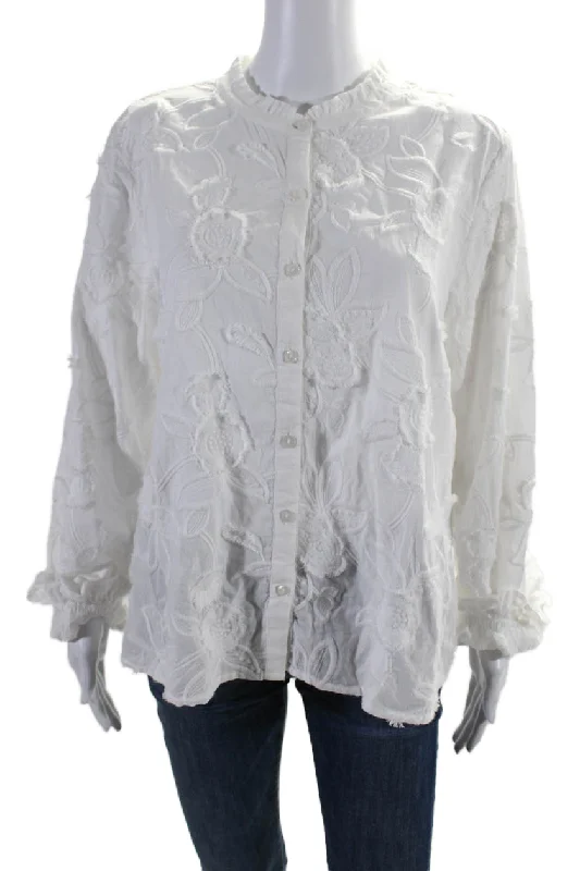 Hinson Wu Womens Embroidered Button Down Shirt White Cotton