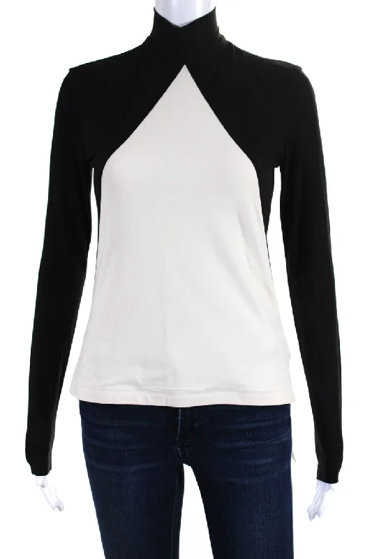 Khaite Womens Back Zip Long Sleeve Mock Neck Shirt White Black Cotton