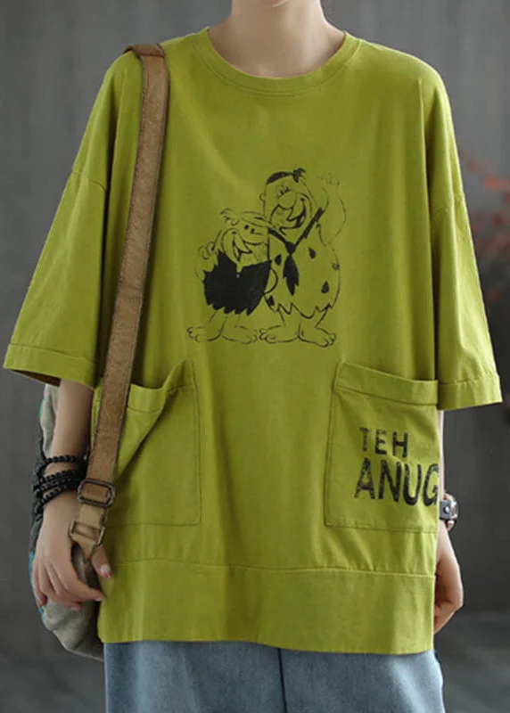 Loose Green O Neck Print Pockets Cotton T Shirt Half Sleeve