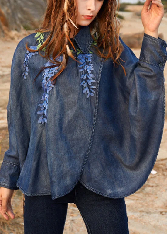 Novelty Denim Blue Asymmetrical Design Peter Pan Collar Embroidered Cotton Top Long Sleeve