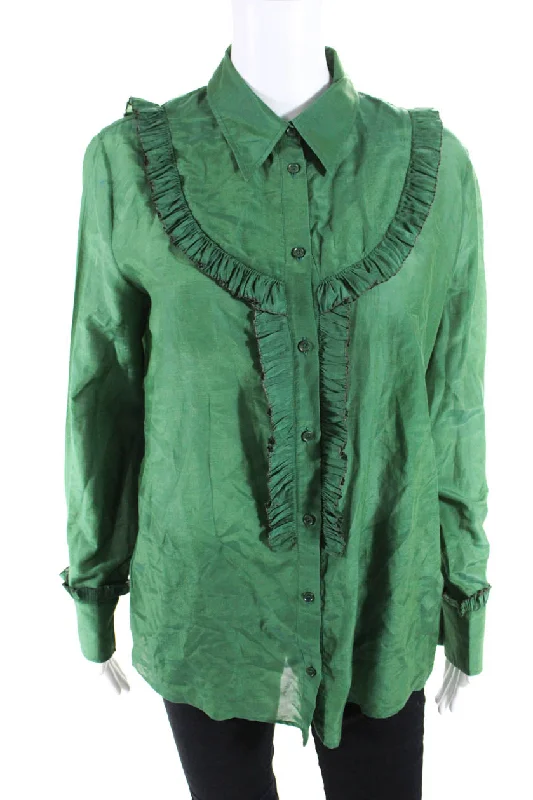 Rochas Womens Long Sleeve Button Up Ruffle Shirt Blouse Green