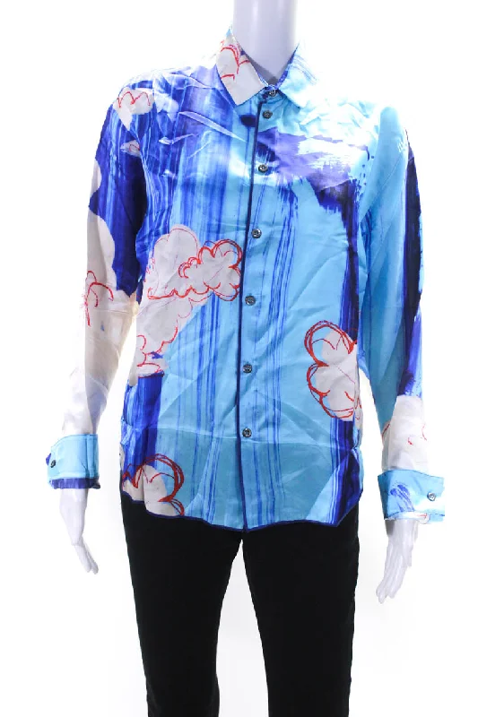 Rohka Womens Classic Scribble Print Satin Shirt Blouse Blue Cloud