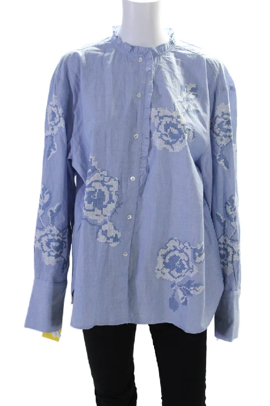 Rose And Rose Womens Cotton Rose Knit Long Sleeve Button Down Shirt Blue