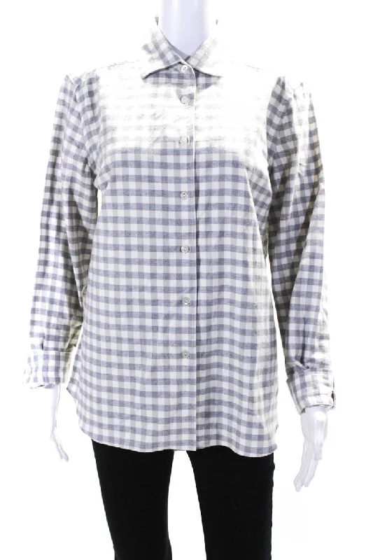 Sharis Place Womens Rebecca Flannel Check Long Sleeve Shirt White Gray