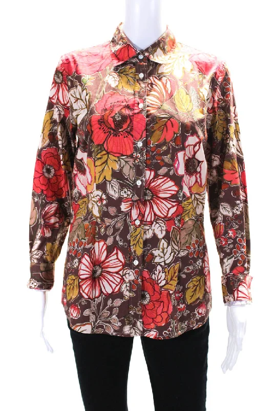 Sharis Womens Valentina Floral Button Up Shirt Blouse Red Brown