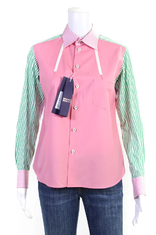 Shiro Sakai Womens Striped Sleeves Button Down Shirt Pink Cotton