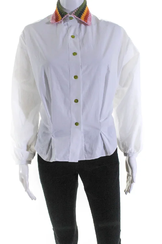 siedres Womens Button Down Crochet Knit Collared Shirt White Cotton