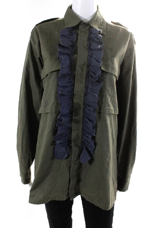 SUR+ Womens Burlap Ruffle Long Sleeve Button Up Shirt Blouse Green