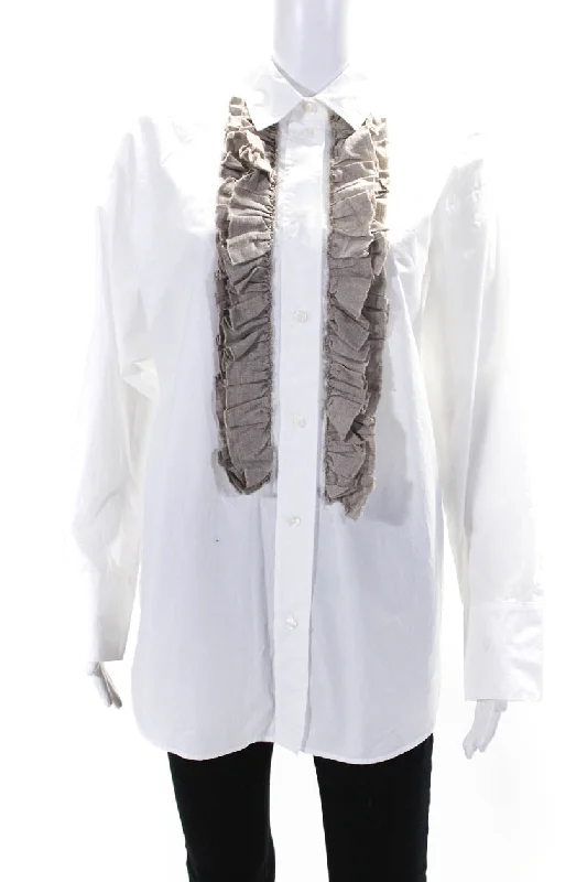 SUR+ Womens Burlap Ruffle Long Sleeve Button Up Shirt Blouse White