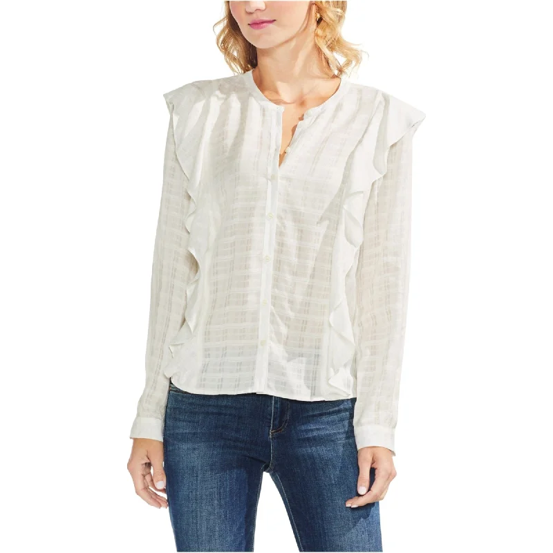 Vince Camuto Womens Plaid Ruffle Button Up Shirt, White, X-Small